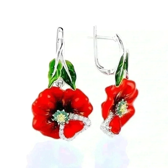 Beautiful 925 Silver Ruby Emerald Diamond Flower Earrings - Picture 1 of 4